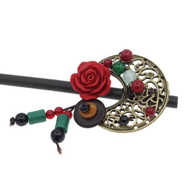 Wood Stick with Lacquered Flower and Beads Decorated Crescent Moon with Tassels